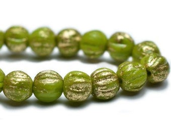 Melon Beads Avocado with Gold Finish Czech Pressed Glass Round Beads 4mm 50 beads