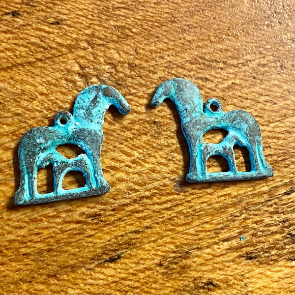 Mare and Foal Charms Blue Green Patina Double Sided Horse Mykonos Greek Verdigris 17mm x 21mm 2pc F231A