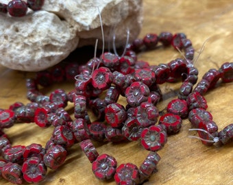 Hawaiian Hibiscus Flower Beads 7mm Red Opaque with Picasso Czech Table Cut Glass Beads 12 beads