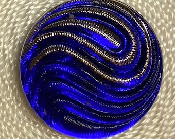Swirl Button Sapphire with Silver Czech Glass Button with Metal Shank 18mm