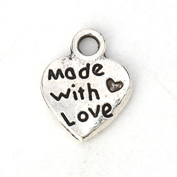 Made With Love Heart Charms Antique Silver Plated Pewter Zinc Alloy Double Sided 12mm x 9mm 10 pcs F163B