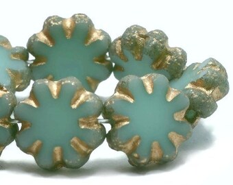 Cactus Flower Sea Green with Etched and Gold Finishes Czech Pressed Glass Flat Flower Beads 9x3mm 25 beads