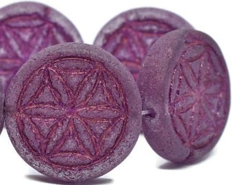 Flower of Life Coin Beads Hyacinth with Etched Finish and Metallic Pink Wash Chunky Carved Czech Pressed Glass Table Cut Beads 18mm 2 beads