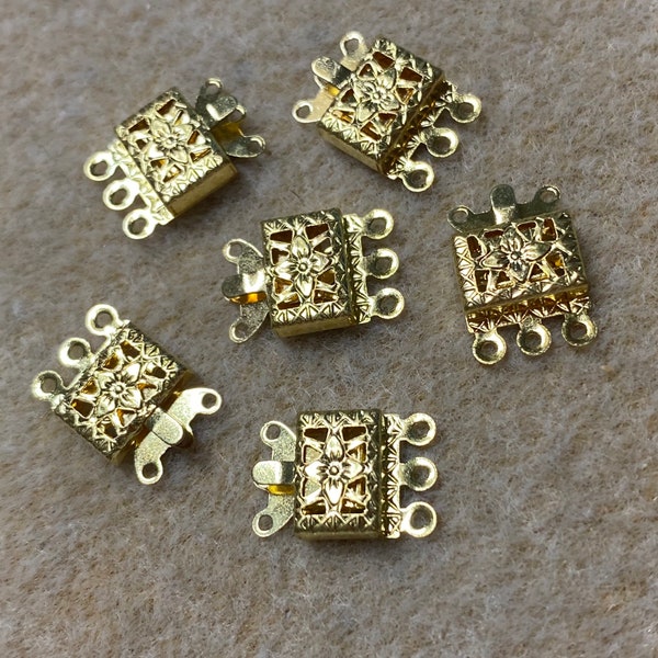 Box Clasp Gold Plated 3 Strand 15x10mm 6 Clasps F394B