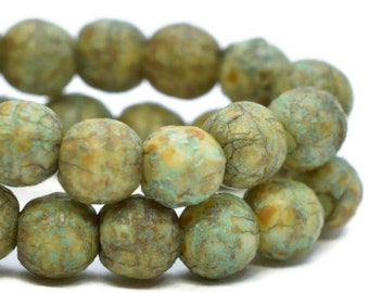 30 Ivory and Sea Green with Silver Picasso Round Pressed Glass Czech Beads 6mm 032-B