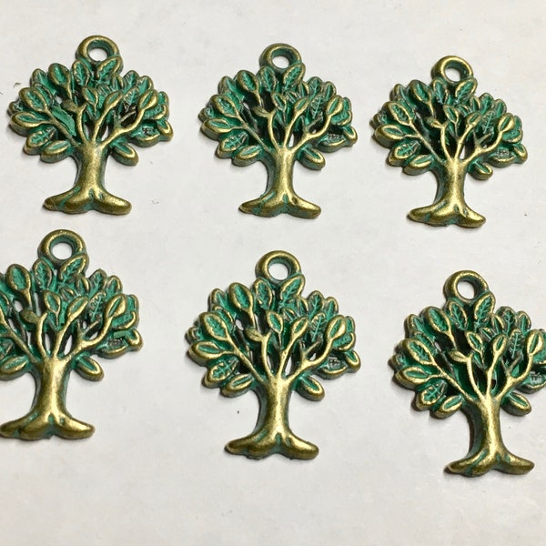 Clearance 6 Green Patina Tree of Life Single Sided Tree Charms 22mm x 17mm F180C