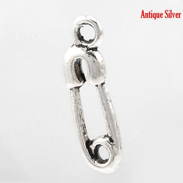 Clearance 20 Safety Pin Diaper Pin Charms Pendants Antique Silver Double Sided 19x6mm F178A