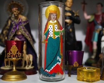 Hecho a pedido: Vela de 7 días de vidrio pintada a mano de Santa Dymphna