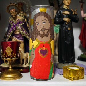 Sacred Heart hand painted glass 7-day candle