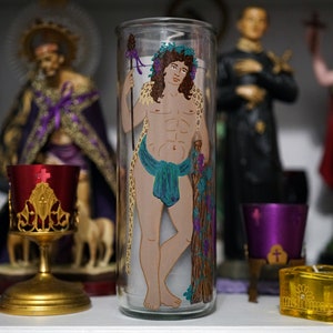 Made-to-order: Bacchus/Dionysus hand painted glass 7-day candle