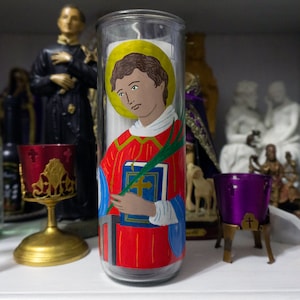 Saint Lawrence hand painted glass 7-day candle
