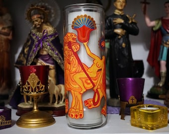 Sur commande : Bougie de 7 jours en verre peint à la main Babalon et la Bête