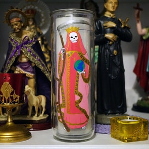 Santa Muerte Rosa hand painted glass 7-day candle
