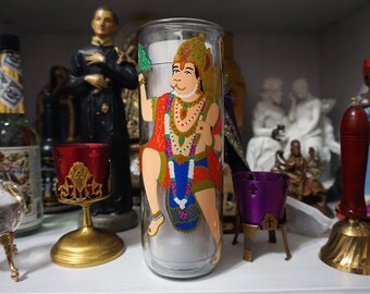 Hecho a pedido: Vela de 7 días de vidrio pintada a mano Hanuman