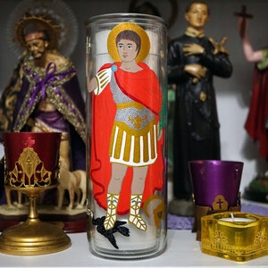 Saint Expedite hand painted glass 7-day candle