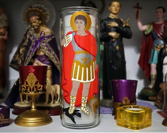 Saint Expedite hand painted glass 7-day candle