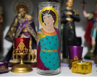 Saint Agatha hand painted glass 7-day candle