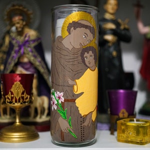 Saint Anthony of Padua hand painted glass 7-day candle