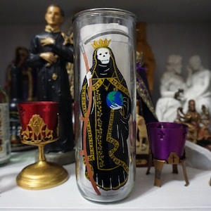 Santa Muerte Negra hand painted glass 7-day candle