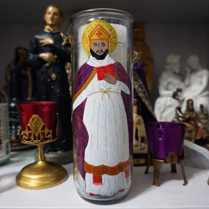 Saint Cyprian hand painted glass 7-day candle
