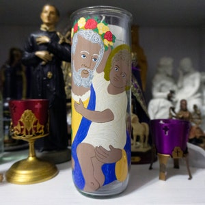 Saint Joseph hand painted glass 7-day candle