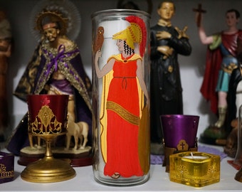 Hecho a pedido: Vela de 7 días de vidrio pintada a mano Athena/Minerva
