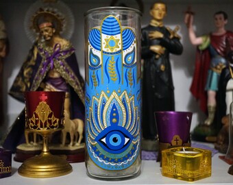 Made-to-order: Hamsa Hand painted glass 7-day candle