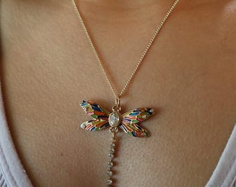 Dragonfly Necklace, Gold Plated Chain, Colorful Enamel Pendant