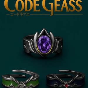 May include: A collection of rings with a dark metal finish. The top ring features a large, oval purple gemstone. The other rings have green and blue bands with decorative elements. The text "CODE GEASS" and Japanese characters are at the top.