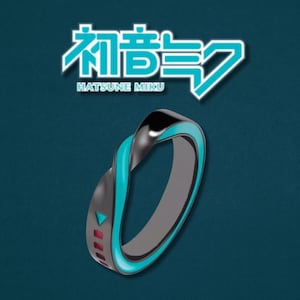 May include: A ring with a twisted design, featuring a black and gray band with a teal blue accent. The ring has a triangular and rectangular design on the side. The text "初音ミク HATSUNE MIKU" is displayed above the ring in white and teal.