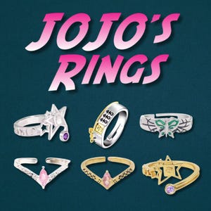 May include: An assortment of rings with various designs, including star, butterfly, and geometric shapes. The rings are silver and gold-toned, some with gemstones. The text "JOJO'S RINGS" is displayed in pink above the rings.