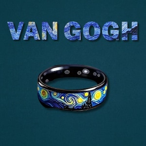 May include: Black ring featuring a vibrant depiction of Van Gogh's "Starry Night" painting. The ring showcases the iconic swirling blues, yellows, and a dark silhouette of a village. The text "VAN GOGH" is displayed above the ring.
