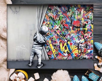 Banksy Behind the Curtain Canvas Wall Art, Urban Graffiti Canvas Print
