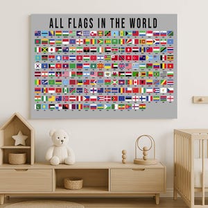 Póster de banderas del mundo, arte de banderas de países, arte mural educativo, lienzo con gráfico de banderas, geografía para habitación infantil, póster para aula, banderas de todas las naciones