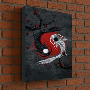 Arte mural de peces koi, póster de Yin Yang, arte japonés de flor de cerezo, impresión de estilo asiático, arte oriental de peces, arte mural de Feng Shui, pez simbólico