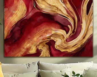 Burgundy Gold Marble Tempered Glass Wall Art, Glass Abstract