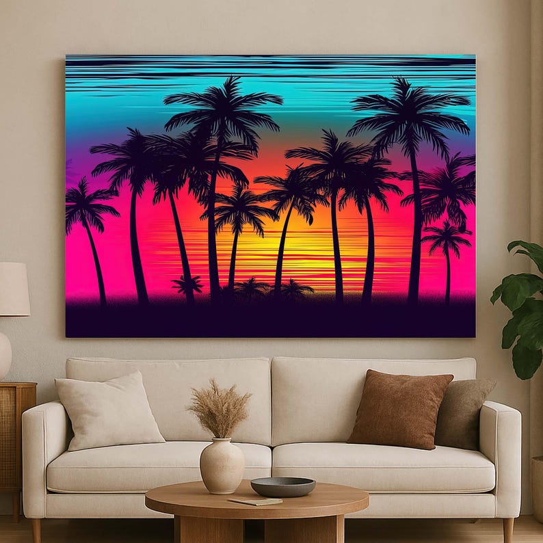 K&ouml;nnte beinhalten: Ein lebendiger Leinwanddruck, der eine tropische Sonnenuntergangsszene darstellt. Silhouetten von Palmen stehen vor einem Hintergrund aus farbenfrohem Himmel, der von Blau zu Pink und Orange &uuml;bergeht. Das Kunstwerk erzeugt W&auml;rme und Entspannung, ideal f&uuml;r die Inneneinrichtung.