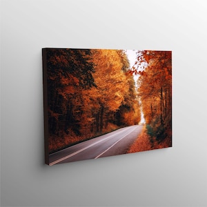 Lienzo con arte de pared con camino forestal, gran bosque con árboles otoñales y camino, diseño de lienzo para pared, póster impreso para decoración del hogar y la oficina