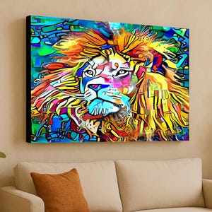 Arte abstracto de león, decoración de la selva, estampado animal vibrante, arte de pared rugiente, póster tribal de león, decoración artística de león, lienzo para habitación de safari