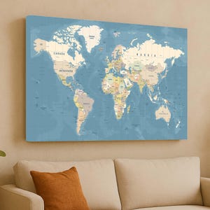 Carte du monde en toile, oeuvre d'art murale, grande carte du monde, décoration éducative, carte de chambre d'enfant, oeuvre d'art sur toile pour la classe, cadeau géographie