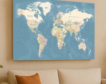 World Map Canvas, Map Wall Art, Large World Map, Educational Decor, Kids Room Map, Classroom Canvas Art, Geography Gift