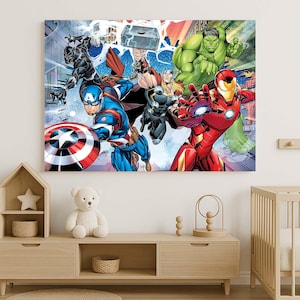 May include: A canvas print displaying a colourful comic book illustration of Marvel superheroes. Captain America is shown with his shield, Iron Man in a red suit, Thor with his hammer, and the Hulk. The artwork is set against a cityscape background.
