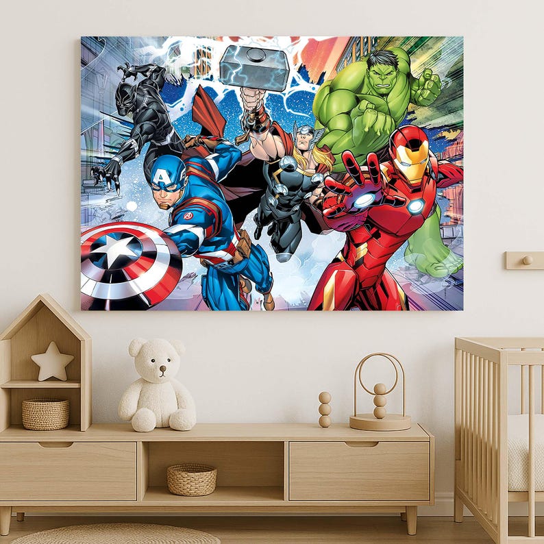 May include: A canvas print displaying a colourful comic book illustration of Marvel superheroes. Captain America is shown with his shield, Iron Man in a red suit, Thor with his hammer, and the Hulk. The artwork is set against a cityscape background.