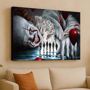 Arte de payaso de terror, arte de pared aterrador, póster de Pennywise, lienzo espeluznante, miedo al payaso, decoración de pared oscura, arte inspirado en IT, lienzo de payaso asesino