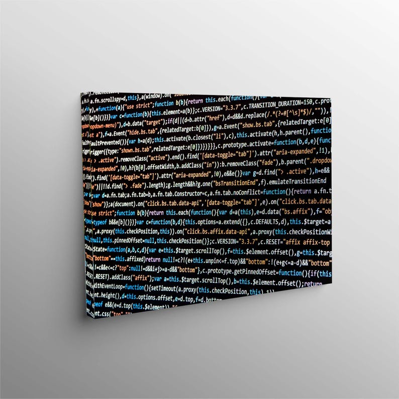 May include: A canvas print displaying a close-up of computer code in black and orange text on a white backdrop. The code appears to be a snippet of programming language.