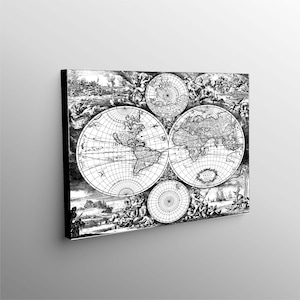 Schwarz Weiße Retro Erdkarte Kunst Leinwand, Weltwandkarte Klassisch Schwarz & Weiß Leinwand