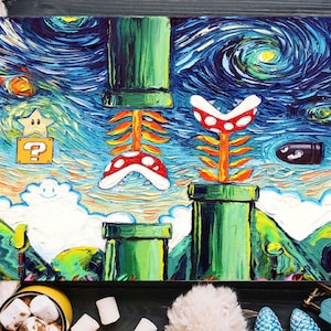Van Gogh Style Mario Painting, Modern Wall Art, Gaming Room Wall Decor, Super Mario World Wall Art, Starry Night Wall Decor