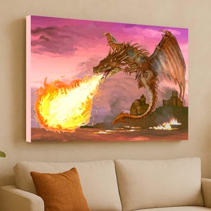 Dragon Wall Art, Fire Dragon Print, Dragon Canvas Art, Mythical Beast Art, Flying Dragon Art, Medieval Art Print, Dragon Lover Gift