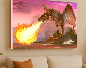 Dragon Wall Art, Fire Dragon Print, Dragon Canvas Art, Mythical Beast Art, Flying Dragon Art, Medieval Art Print, Dragon Lover Gift