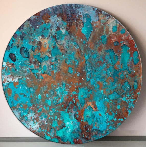 Tempered Abstract Glass Art, Turquoise Wall Decor, Round Glass Panel,Aqua Brown Art, Glass Wall Circle, Color Splash Decor, Blue Rust Effect